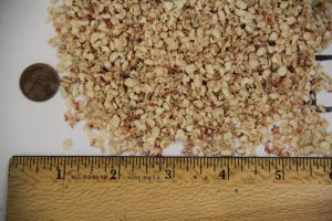 Close-up of nut and grain mixture for animal feed with ruler for scale.