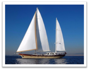Sailboat with white sails on calm blue ocean under clear sky.