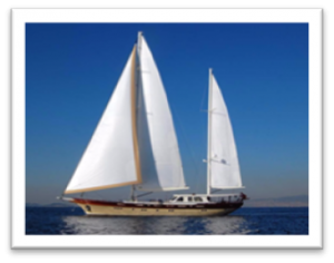 Elegant sailing yacht with white sails on calm blue ocean under clear sky.