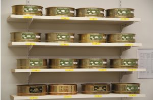 Multiple tins of Best Cob on white shelves in a store display.