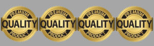 Set of four gold quality assurance badges with premium product label.