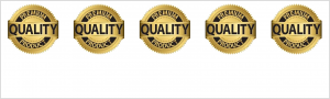 Set of five gold quality assurance badges with 'Premium Quality Product' text.