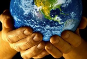 Hands holding a small Earth globe symbolizing environmental care and sustainability.