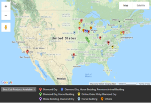 Best Cob products map showing locations of Diamond Dry, Horse Bedding, and more.